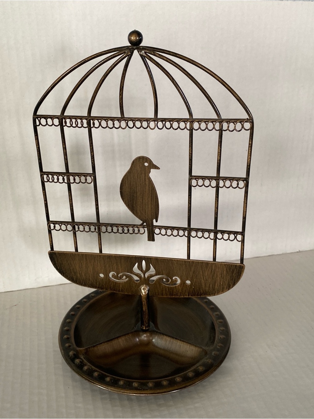 Bronze Metal Birdcage silhouette jewelry holder with tray base 10”x6.5”preowned